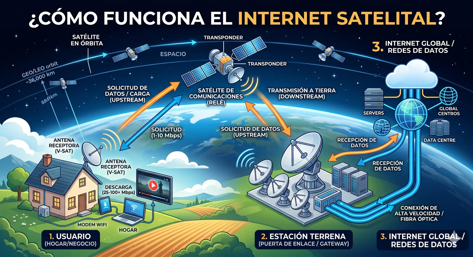 Infografía del flujo del internet satelital: usuario, satélite en órbita, estación terrena y redes globales de datos