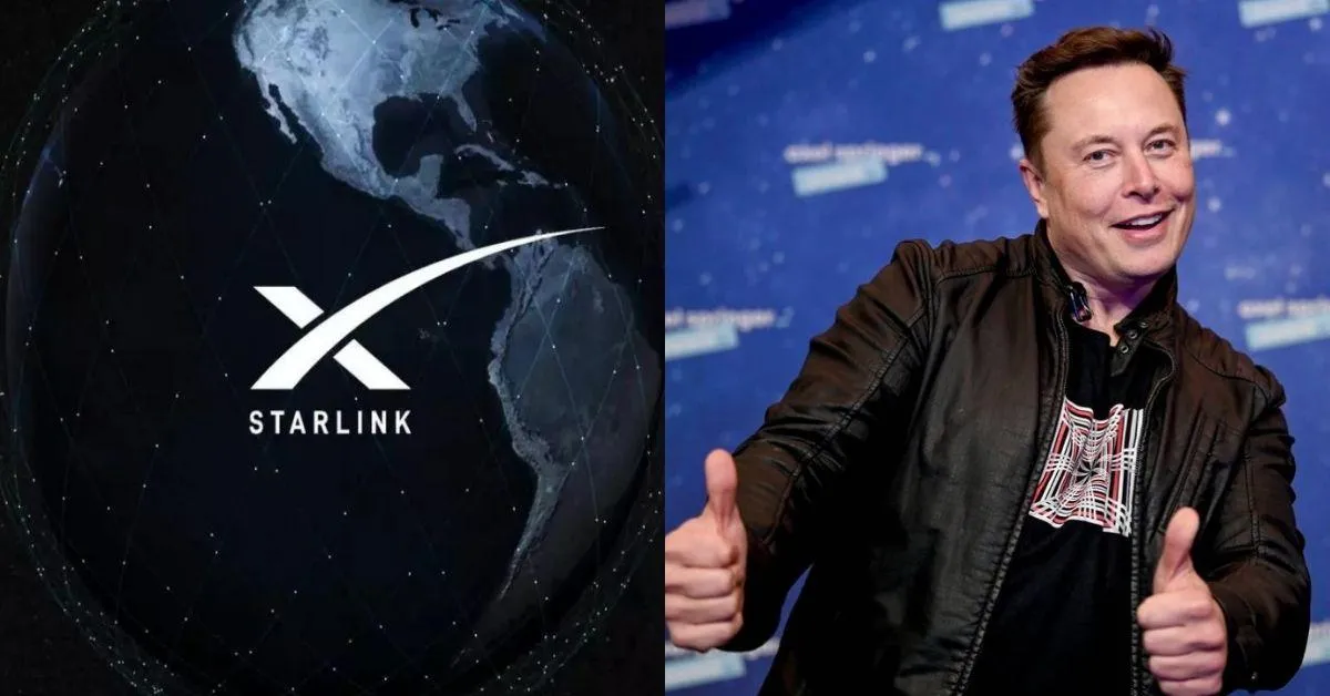 Logo de Starlink sobre el globo terrestre junto a Elon Musk